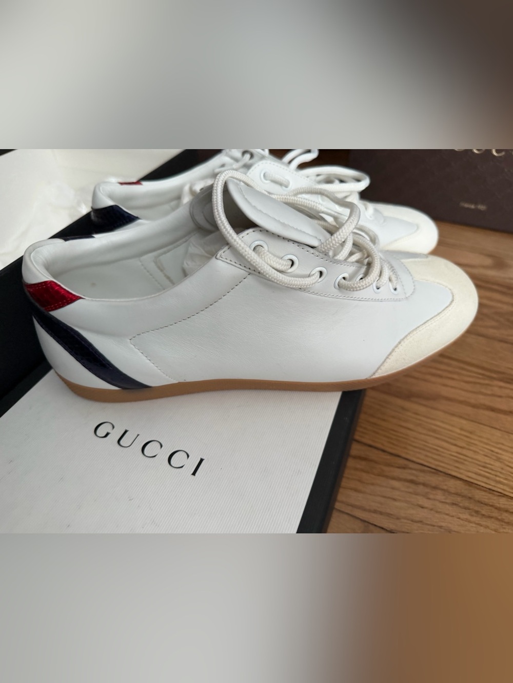 Gucci White Leather Sneakers with Navy and Red Accents